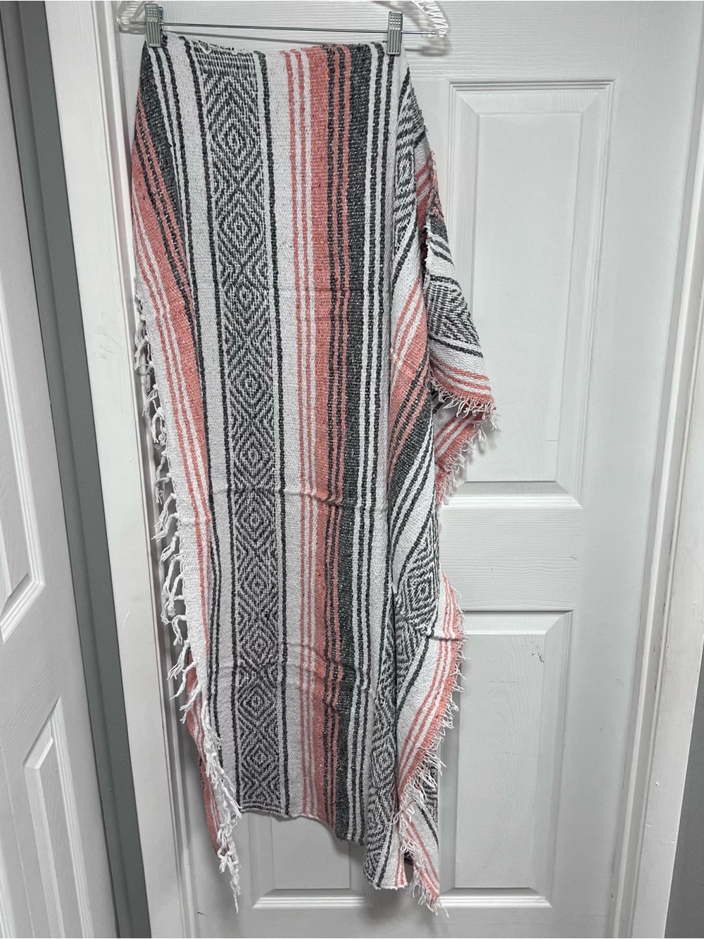 Handwoven Striped Fringe Throw Blanket - White, Black & Coral Pink